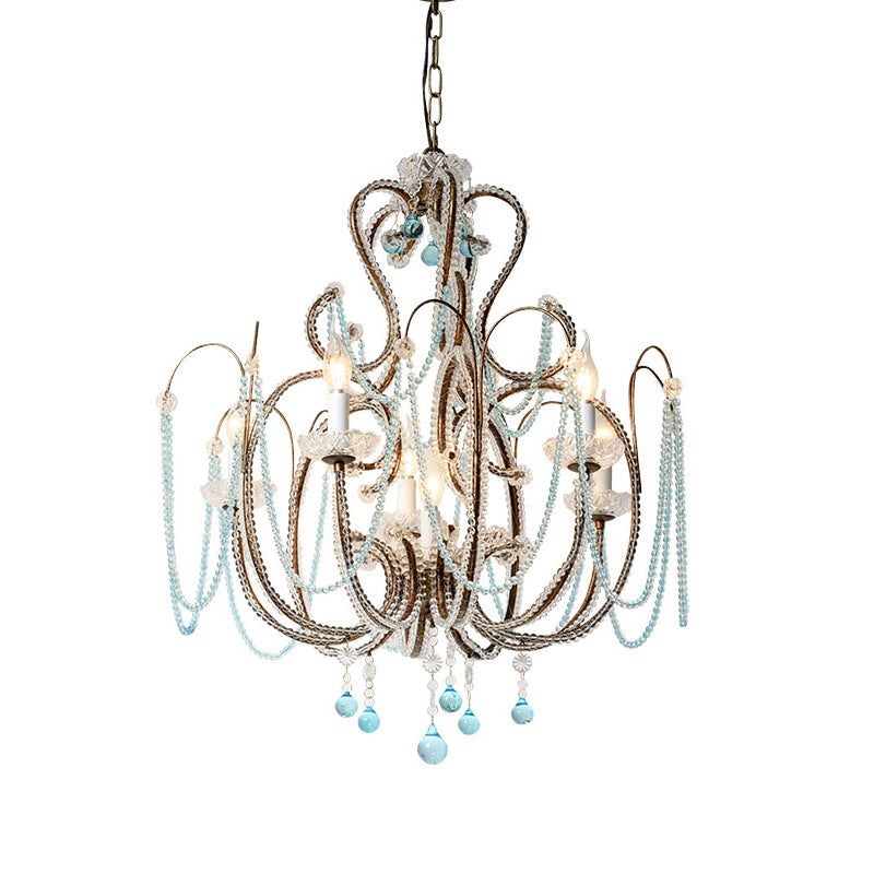 Candle Crystal Beads Hanging Chandelier Modernism 6 Bulbs Living Room Suspension Light in Rust Clearhalo 'Ceiling Lights' 'Chandeliers' 'Modern Chandeliers' 'Modern' Lighting' 790357