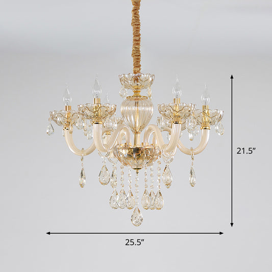 6-Light Candelabra Chandelier Lighting Contemporary Gold Finish Crystal Glass Pendulum Lamp Clearhalo 'Ceiling Lights' 'Chandeliers' 'Modern Chandeliers' 'Modern' Lighting' 790362