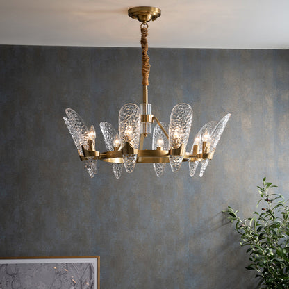 Brass 8/10-Bulb Suspension Light Minimal Clear Crystal Glass Arc Panel Chandelier Pendant Lamp 8 Brass Clearhalo 'Ceiling Lights' 'Chandeliers' 'Modern Chandeliers' 'Modern' Lighting' 790367