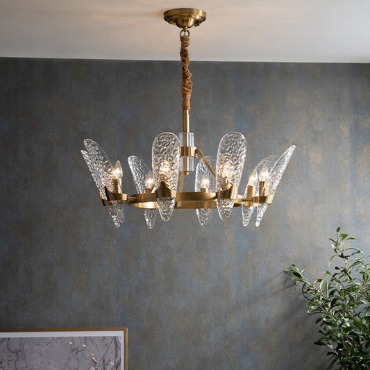 Brass 8/10-Bulb Suspension Light Minimal Clear Crystal Glass Arc Panel Chandelier Pendant Lamp 8 Brass Clearhalo 'Ceiling Lights' 'Chandeliers' 'Modern Chandeliers' 'Modern' Lighting' 790367