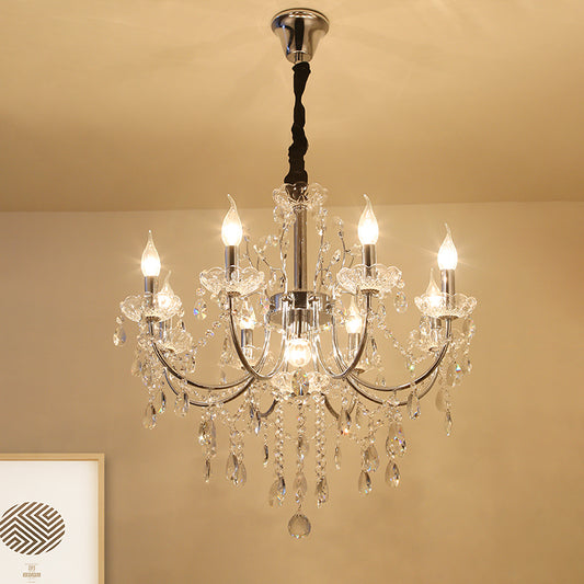 Crystal Swag Candle Chandelier Lighting Minimalist 9 Bulbs Living Room Pendant Lamp Fixture in Chrome Chrome Clearhalo 'Ceiling Lights' 'Chandeliers' 'Modern Chandeliers' 'Modern' Lighting' 790380