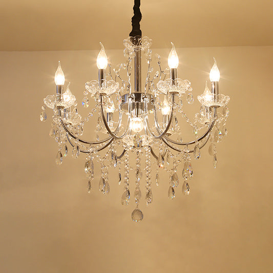 Crystal Swag Candle Chandelier Lighting Minimalist 9 Bulbs Living Room Pendant Lamp Fixture in Chrome Clearhalo 'Ceiling Lights' 'Chandeliers' 'Modern Chandeliers' 'Modern' Lighting' 790382