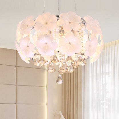 White 5/8 Lights Pendulum Light Modernism Flower Crystal Drum Frame Chandelier Lamp Fixture, 18"/21.5" Wide White Clearhalo 'Ceiling Lights' 'Chandeliers' 'Modern Chandeliers' 'Modern' Lighting' 790400