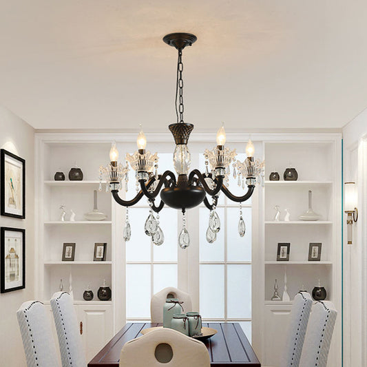 Modernism Curved Arm Suspension Light 6/8-Light Metal Pendant Chandelier in Black with Crystal Droplet 6 Black Clearhalo 'Ceiling Lights' 'Chandeliers' 'Modern Chandeliers' 'Modern' Lighting' 790414