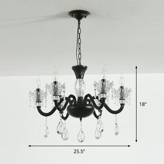 Modernism Curved Arm Suspension Light 6/8-Light Metal Pendant Chandelier in Black with Crystal Droplet Clearhalo 'Ceiling Lights' 'Chandeliers' 'Modern Chandeliers' 'Modern' Lighting' 790417