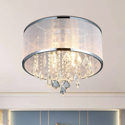 Drum Shade Fabric Flush Mount Fixture Simple 4 Lights Bedroom Close to Ceiling Light in Chrome with Crystal Accent Chrome Clearhalo 'Ceiling Lights' 'Close To Ceiling Lights' 'Close to ceiling' 'Flush mount' Lighting' 790513