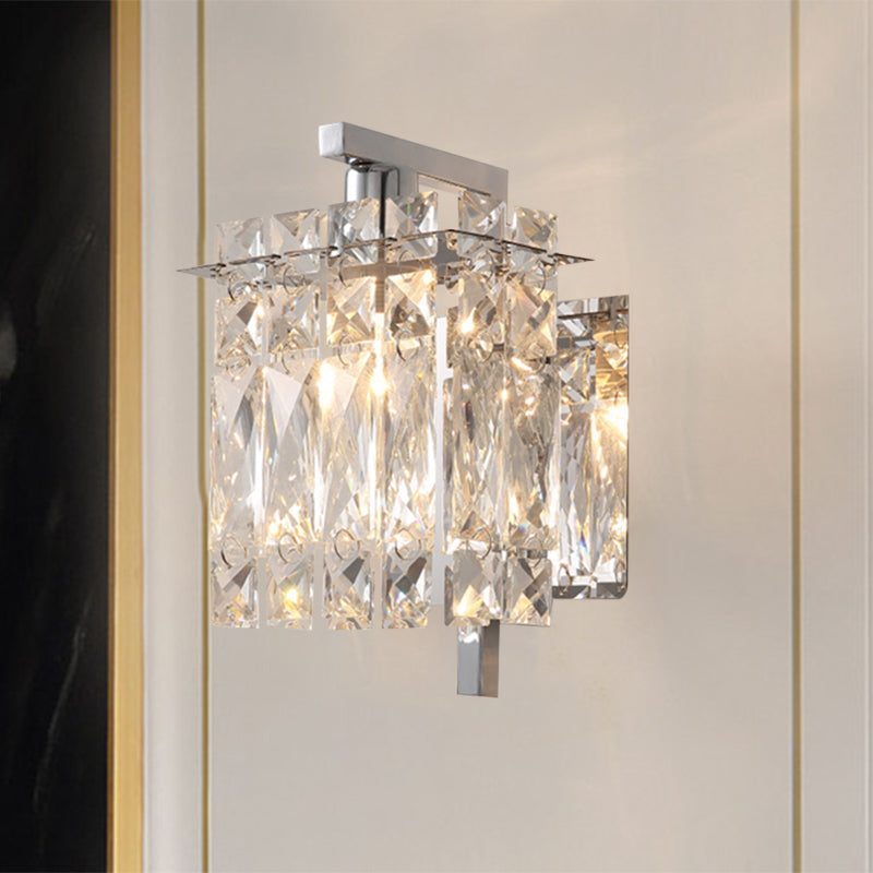 Faceted Crystal Rectangle Wall Lighting Fixture Modernism 1/2-Light Bedroom Sconce Light in Gold/Chrome 1.0 Chrome Clearhalo 'Cast Iron' 'Glass' 'Industrial' 'Modern wall lights' 'Modern' 'Tiffany' 'Traditional wall lights' 'Wall Lamps & Sconces' 'Wall Lights' Lighting' 790534