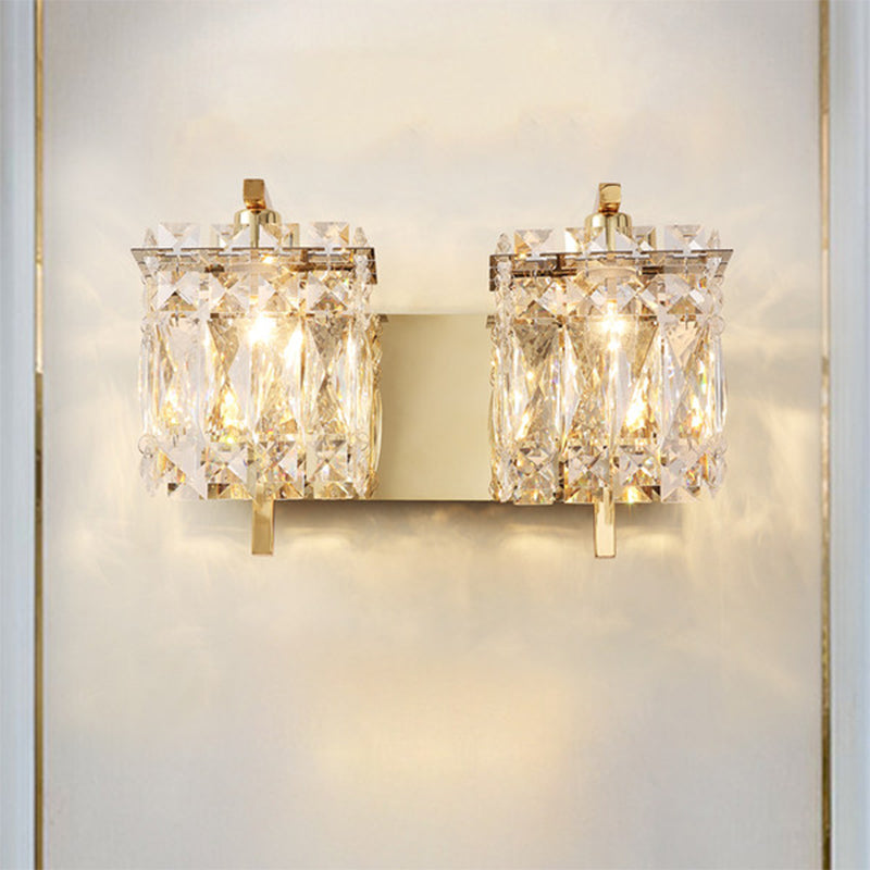 Faceted Crystal Rectangle Wall Lighting Fixture Modernism 1/2-Light Bedroom Sconce Light in Gold/Chrome 2.0 Gold Clearhalo 'Cast Iron' 'Glass' 'Industrial' 'Modern wall lights' 'Modern' 'Tiffany' 'Traditional wall lights' 'Wall Lamps & Sconces' 'Wall Lights' Lighting' 790538