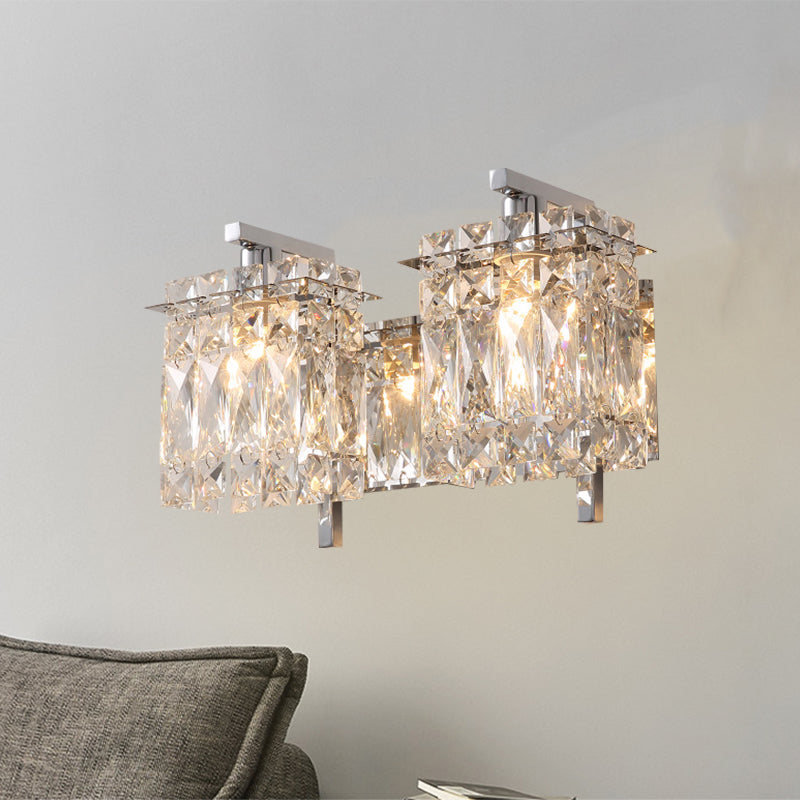 Faceted Crystal Rectangle Wall Lighting Fixture Modernism 1/2-Light Bedroom Sconce Light in Gold/Chrome 2.0 Chrome Clearhalo 'Cast Iron' 'Glass' 'Industrial' 'Modern wall lights' 'Modern' 'Tiffany' 'Traditional wall lights' 'Wall Lamps & Sconces' 'Wall Lights' Lighting' 790543