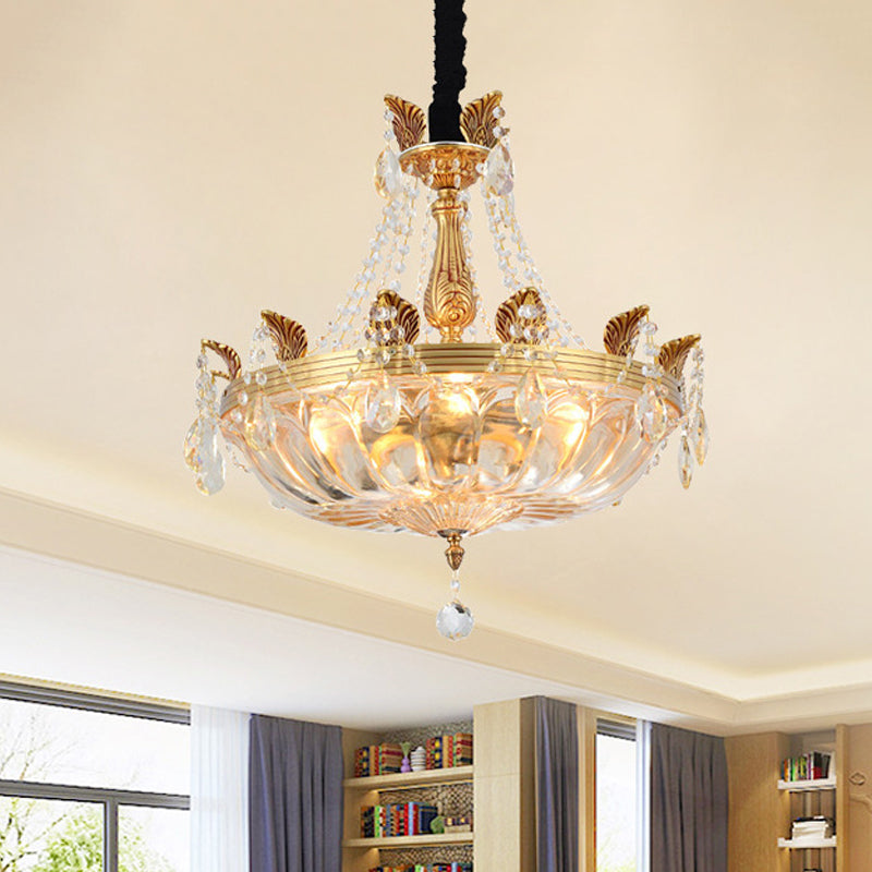 Vintage Basket Chandelier 5 Lights Transparent Glass Suspended Lighting Fixture in Brass Brass Clearhalo 'Ceiling Lights' 'Chandeliers' 'Modern Chandeliers' 'Modern' Lighting' 790682