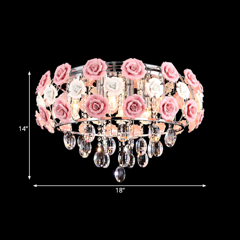 Pink Blooming Rose Ceiling Light Modern Romantic Crystal 8-Bulb Living Room Flush Mount Chandelier Clearhalo 'Ceiling Lights' 'Close To Ceiling Lights' 'Close to ceiling' 'Flush mount' Lighting' 790749