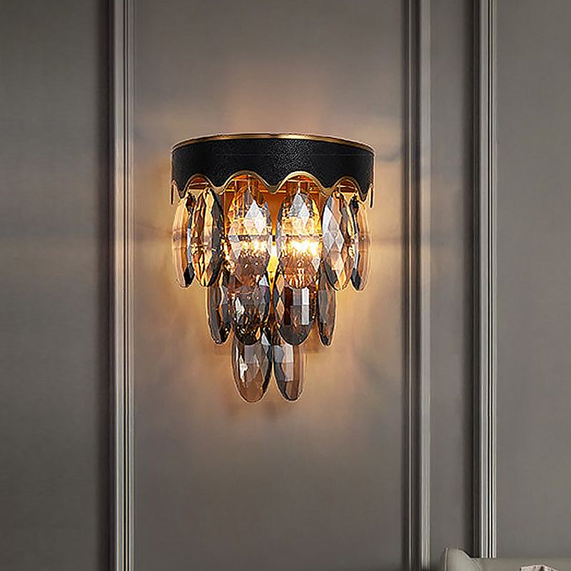 Modern 3-Layer Wall Mount Lighting 2 Lights Beveled K9 Crystal Wall Sconce in Black for Bedside Black Clearhalo 'Cast Iron' 'Glass' 'Industrial' 'Modern wall lights' 'Modern' 'Tiffany' 'Traditional wall lights' 'Wall Lamps & Sconces' 'Wall Lights' Lighting' 791005