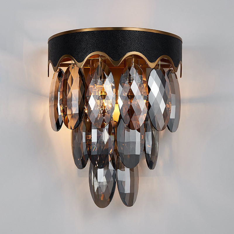 Modern 3-Layer Wall Mount Lighting 2 Lights Beveled K9 Crystal Wall Sconce in Black for Bedside Clearhalo 'Cast Iron' 'Glass' 'Industrial' 'Modern wall lights' 'Modern' 'Tiffany' 'Traditional wall lights' 'Wall Lamps & Sconces' 'Wall Lights' Lighting' 791007