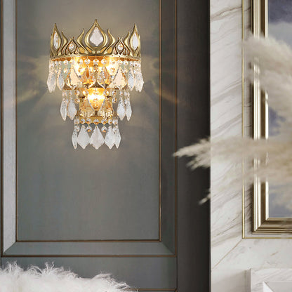 3 Bulbs Crown Shape Sconce Light Fixture Contemporary Brass Crystal Drip Wall Lamp Brass Clearhalo 'Cast Iron' 'Glass' 'Industrial' 'Modern wall lights' 'Modern' 'Tiffany' 'Traditional wall lights' 'Wall Lamps & Sconces' 'Wall Lights' Lighting' 791009