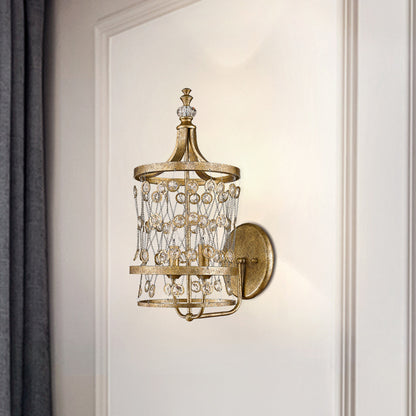 2 Heads Candelabra Wall Mount Light Modern Gold Crystal Strand Wall Sconce with Cylinder Cage Gold Clearhalo 'Cast Iron' 'Glass' 'Industrial' 'Modern wall lights' 'Modern' 'Tiffany' 'Traditional wall lights' 'Wall Lamps & Sconces' 'Wall Lights' Lighting' 791045