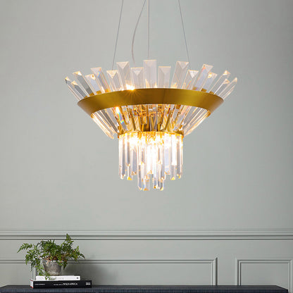 9-Bulb Rectangular-Cut Crystal Chandelier Postmodern Gold Cone Dining Table Suspension Light Gold Clearhalo 'Ceiling Lights' 'Chandeliers' 'Modern Chandeliers' 'Modern' Lighting' 791096
