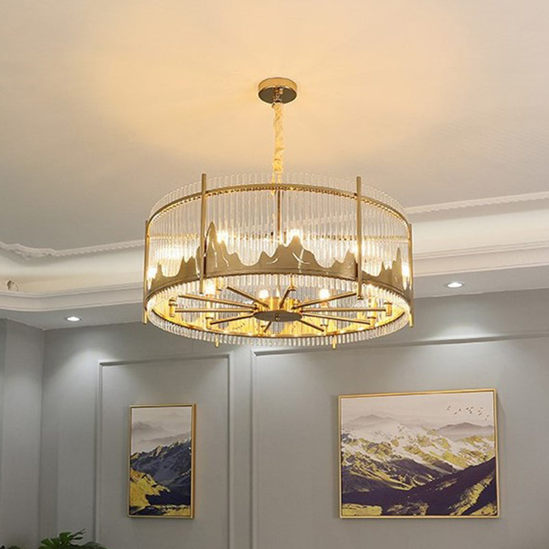 Strip Crystal Gold Ceiling Chandelier Drum Shape 8-Light Modernist Hanging Pendant with Mountain Pattern Gold Clearhalo 'Ceiling Lights' 'Chandeliers' Lighting' options 791100_41bc0f96-03bf-477b-ac52-b7722a38ba06