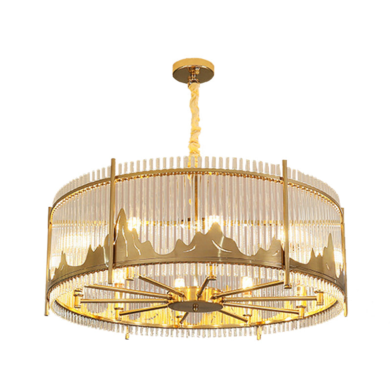 Strip Crystal Gold Ceiling Chandelier Drum Shape 8-Light Modernist Hanging Pendant with Mountain Pattern Clearhalo 'Ceiling Lights' 'Chandeliers' Lighting' options 791101