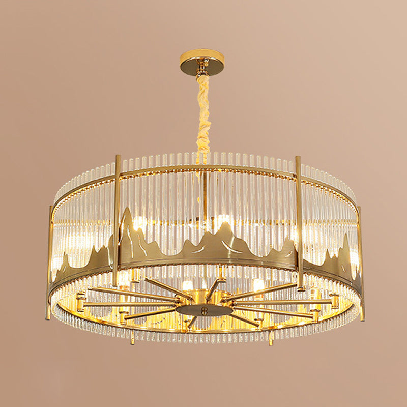 Strip Crystal Gold Ceiling Chandelier Drum Shape 8-Light Modernist Hanging Pendant with Mountain Pattern Clearhalo 'Ceiling Lights' 'Chandeliers' Lighting' options 791102