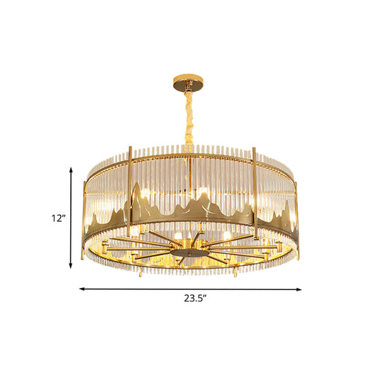 Strip Crystal Gold Ceiling Chandelier Drum Shape 8-Light Modernist Hanging Pendant with Mountain Pattern Clearhalo 'Ceiling Lights' 'Chandeliers' Lighting' options 791103