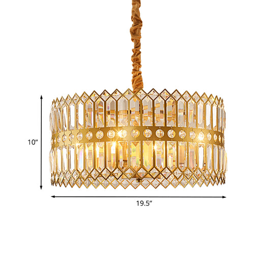 3/4 Lights Drum Hanging Lamp Traditional Gold Crystal Encrusted Chandelier Pendant Light Clearhalo 'Ceiling Lights' 'Chandeliers' Lighting' options 791125