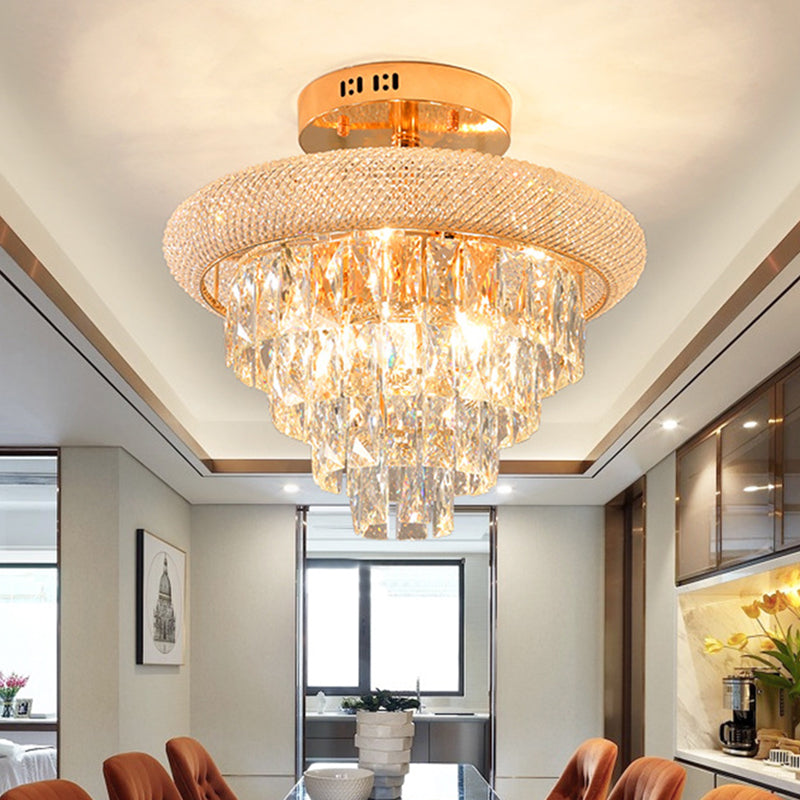 9 Lights Semi Mount Lighting Traditional 5-Layer Prismatic Crystal Ceiling Flush Light Fixture in Gold Clearhalo 'Ceiling Lights' 'Close To Ceiling Lights' 'Close to ceiling' 'Semi-flushmount' Lighting' 791208