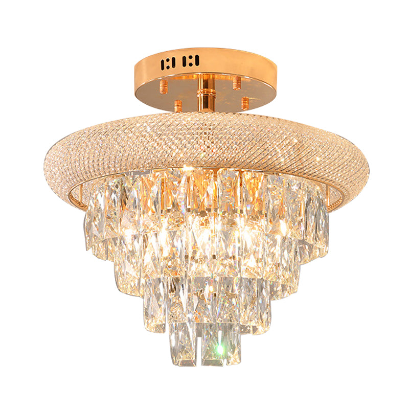 9 Lights Semi Mount Lighting Traditional 5-Layer Prismatic Crystal Ceiling Flush Light Fixture in Gold Clearhalo 'Ceiling Lights' 'Close To Ceiling Lights' 'Close to ceiling' 'Semi-flushmount' Lighting' 791209