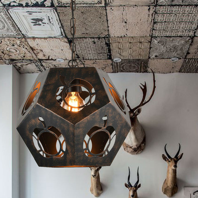 Iron Bronze Ceiling Pendant Hollowed Out Faceted Sphere 1 Head Factory Suspended Lighting Fixture Clearhalo 'Art Deco Pendants' 'Cast Iron' 'Ceiling Lights' 'Ceramic' 'Crystal' 'Industrial Pendants' 'Industrial' 'Metal' 'Middle Century Pendants' 'Pendant Lights' 'Pendants' 'Tiffany' Lighting' 791291