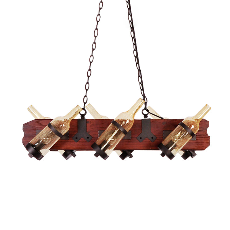 4/6-Head Island Lamp Warehouse Bottle Frosted White/Amber Glass Suspended Lighting Fixture with Brown Wood Arm Clearhalo 'Ceiling Lights' 'Island Lights' Lighting' 791328