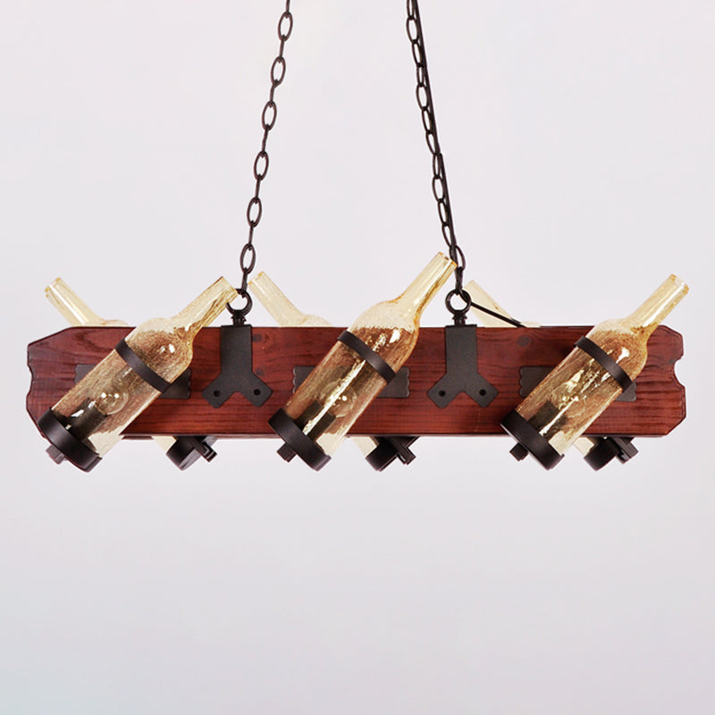 4/6-Head Island Lamp Warehouse Bottle Frosted White/Amber Glass Suspended Lighting Fixture with Brown Wood Arm Clearhalo 'Ceiling Lights' 'Island Lights' Lighting' 791329