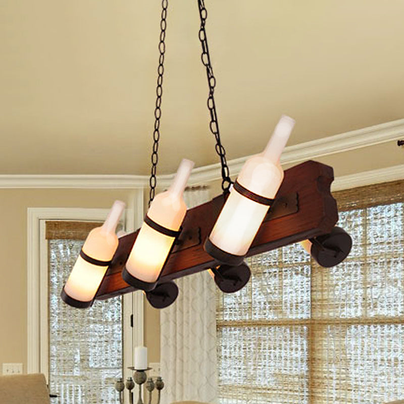 4/6-Head Island Lamp Warehouse Bottle Frosted White/Amber Glass Suspended Lighting Fixture with Brown Wood Arm Clearhalo 'Ceiling Lights' 'Island Lights' Lighting' 791332