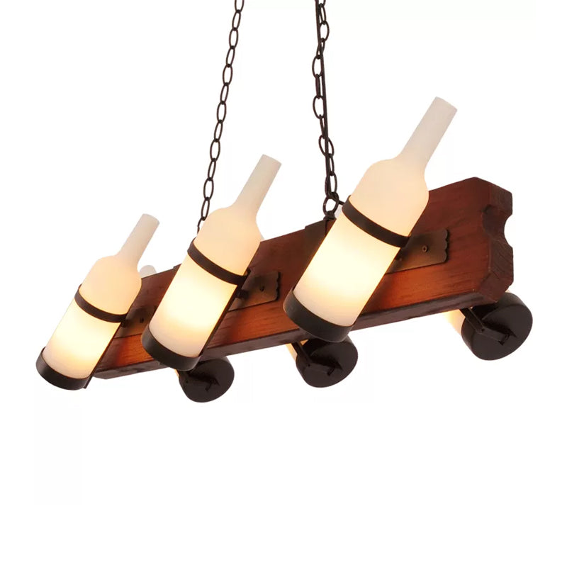 4/6-Head Island Lamp Warehouse Bottle Frosted White/Amber Glass Suspended Lighting Fixture with Brown Wood Arm Clearhalo 'Ceiling Lights' 'Island Lights' Lighting' 791333