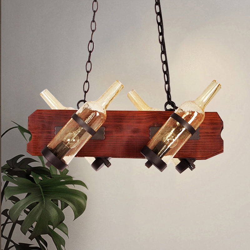 4/6-Head Island Lamp Warehouse Bottle Frosted White/Amber Glass Suspended Lighting Fixture with Brown Wood Arm 4 Brown Amber Clearhalo 'Ceiling Lights' 'Island Lights' Lighting' 791335