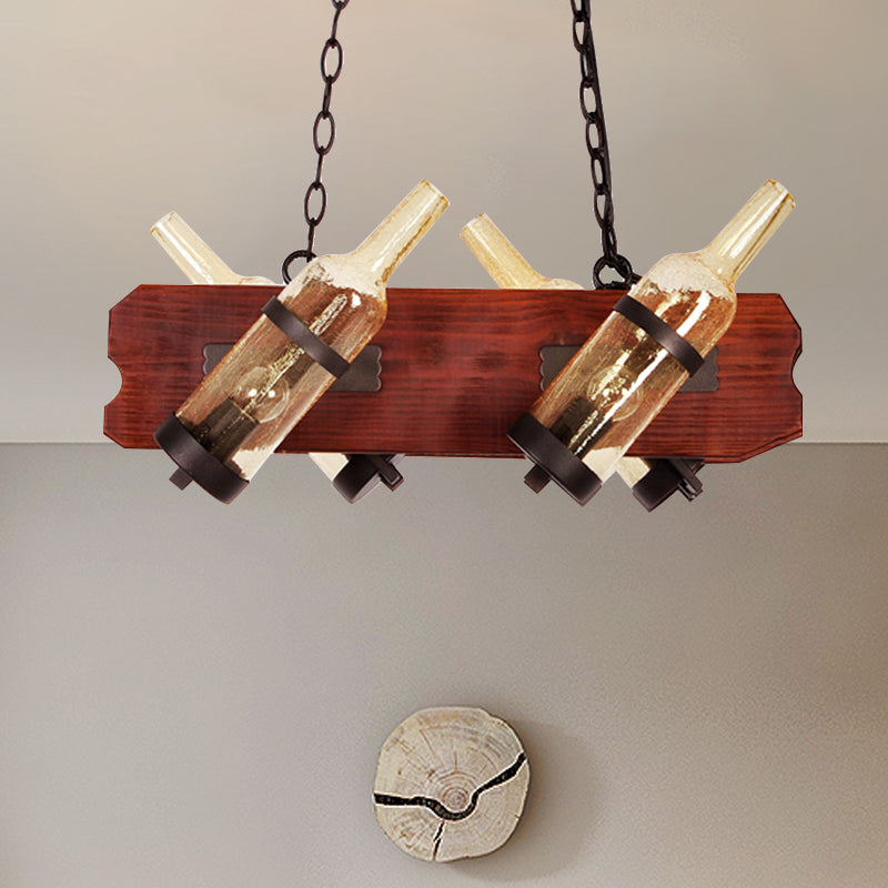 4/6-Head Island Lamp Warehouse Bottle Frosted White/Amber Glass Suspended Lighting Fixture with Brown Wood Arm Clearhalo 'Ceiling Lights' 'Island Lights' Lighting' 791336