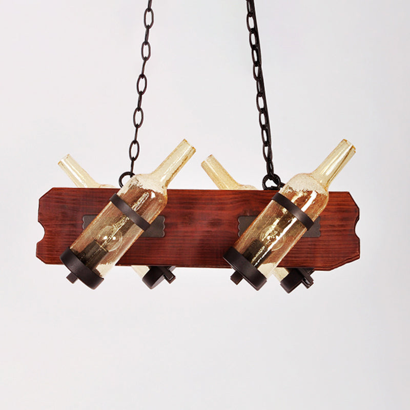 4/6-Head Island Lamp Warehouse Bottle Frosted White/Amber Glass Suspended Lighting Fixture with Brown Wood Arm Clearhalo 'Ceiling Lights' 'Island Lights' Lighting' 791338