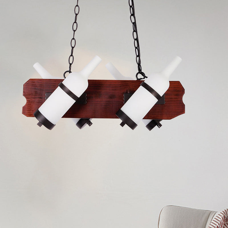 4/6-Head Island Lamp Warehouse Bottle Frosted White/Amber Glass Suspended Lighting Fixture with Brown Wood Arm 4 Brown White Clearhalo 'Ceiling Lights' 'Island Lights' Lighting' 791340