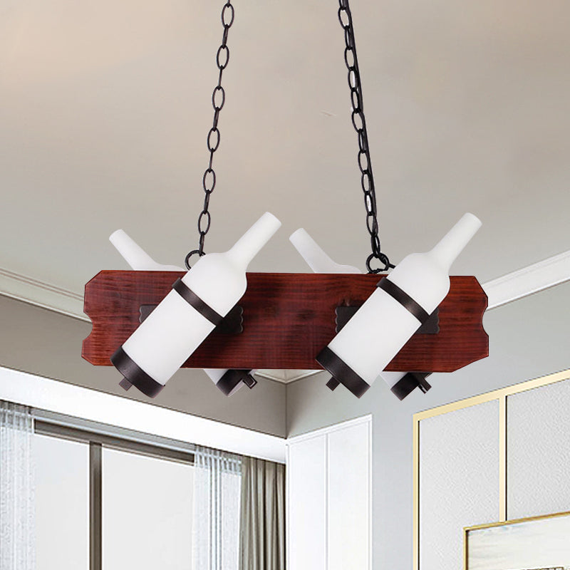 4/6-Head Island Lamp Warehouse Bottle Frosted White/Amber Glass Suspended Lighting Fixture with Brown Wood Arm Clearhalo 'Ceiling Lights' 'Island Lights' Lighting' 791341