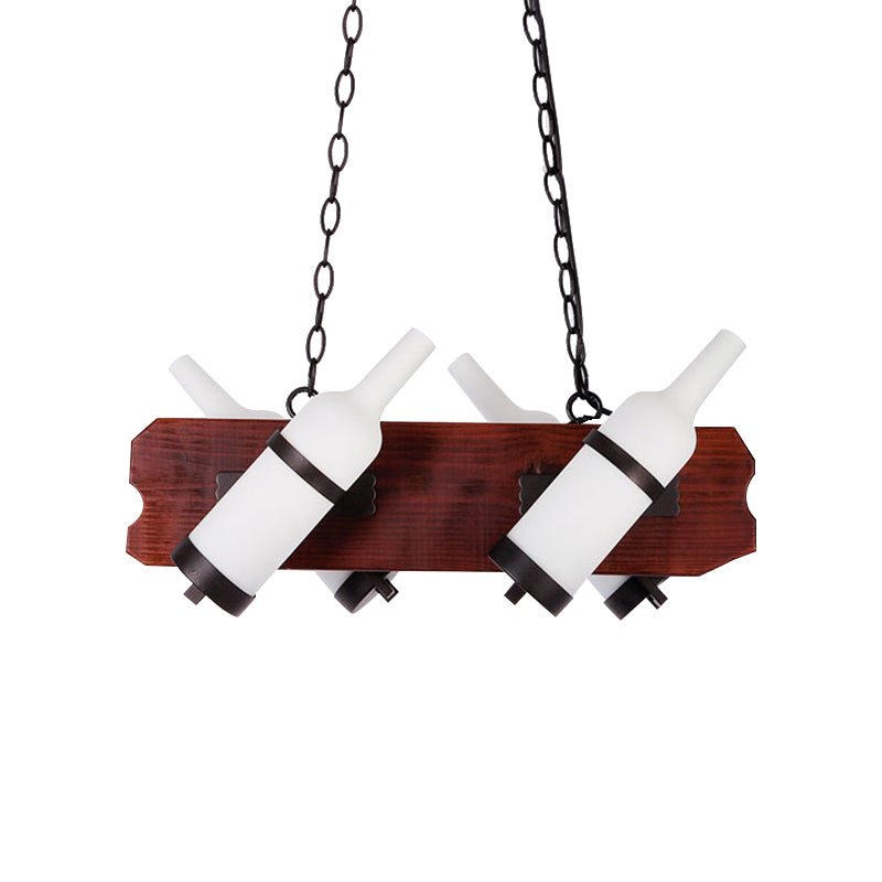4/6-Head Island Lamp Warehouse Bottle Frosted White/Amber Glass Suspended Lighting Fixture with Brown Wood Arm Clearhalo 'Ceiling Lights' 'Island Lights' Lighting' 791342