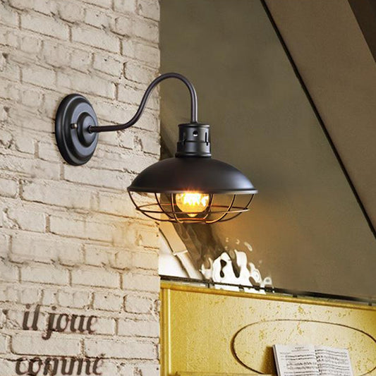 Wide Bowl Iron Wall Lamp Industrial Style 1-Light Bistro Sconce Wall Light with Bottom Wire Cage in Black/Coffee Black Clearhalo 'Art deco wall lights' 'Cast Iron' 'Glass' 'Industrial wall lights' 'Industrial' 'Middle century wall lights' 'Modern' 'Rustic wall lights' 'Tiffany' 'Traditional wall lights' 'Wall Lamps & Sconces' 'Wall Lights' Lighting' 791377