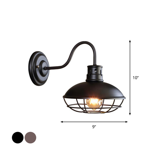 Wide Bowl Iron Wall Lamp Industrial Style 1-Light Bistro Sconce Wall Light with Bottom Wire Cage in Black/Coffee Clearhalo 'Art deco wall lights' 'Cast Iron' 'Glass' 'Industrial wall lights' 'Industrial' 'Middle century wall lights' 'Modern' 'Rustic wall lights' 'Tiffany' 'Traditional wall lights' 'Wall Lamps & Sconces' 'Wall Lights' Lighting' 791380