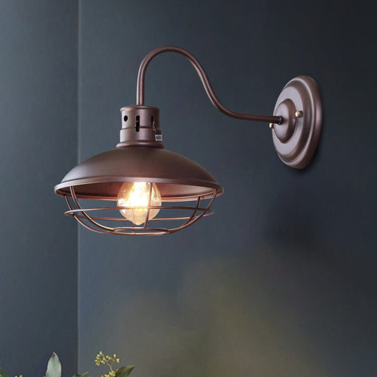 Wide Bowl Iron Wall Lamp Industrial Style 1-Light Bistro Sconce Wall Light with Bottom Wire Cage in Black/Coffee Coffee Clearhalo 'Art deco wall lights' 'Cast Iron' 'Glass' 'Industrial wall lights' 'Industrial' 'Middle century wall lights' 'Modern' 'Rustic wall lights' 'Tiffany' 'Traditional wall lights' 'Wall Lamps & Sconces' 'Wall Lights' Lighting' 791381