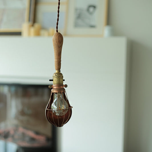 Rustic Bulb Shaped Mini Hanging Light 1 Head Wood Down Lighting Pendant with Cage Guard Wood Clearhalo 'Ceiling Lights' 'Industrial Pendants' 'Industrial' 'Middle Century Pendants' 'Pendant Lights' 'Pendants' 'Tiffany' Lighting' 791401