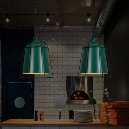 Dark Green 1 Bulb Hanging Pendant Industrial-Style Aluminum Tapered Suspension Lighting with Wire Cage Green Clearhalo 'Art Deco Pendants' 'Cast Iron' 'Ceiling Lights' 'Ceramic' 'Crystal' 'Industrial Pendants' 'Industrial' 'Metal' 'Middle Century Pendants' 'Pendant Lights' 'Pendants' 'Tiffany' Lighting' 791460