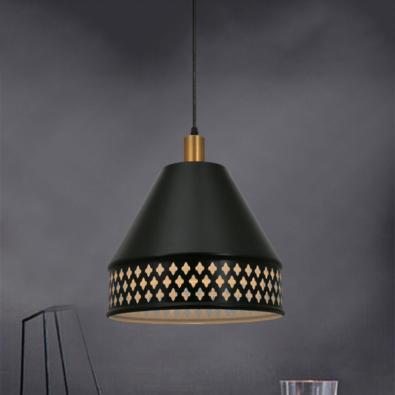 Industrial Taper Ceiling Pendant Lamp Single Bulb Iron Hanging Light Kit with Cutouts Edge in Black Clearhalo 'Art Deco Pendants' 'Black' 'Cast Iron' 'Ceiling Lights' 'Ceramic' 'Crystal' 'Industrial Pendants' 'Industrial' 'Metal' 'Middle Century Pendants' 'Pendant Lights' 'Pendants' 'Rustic Pendants' 'Tiffany' Lighting' 791469