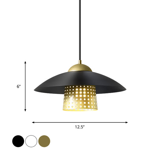 1-Light Commercial Pendant Lighting Retro Mesh Cloche Metal Hanging Lamp with Saucer Cap in Black/White/Gold Clearhalo 'Art Deco Pendants' 'Black' 'Cast Iron' 'Ceiling Lights' 'Ceramic' 'Crystal' 'Industrial Pendants' 'Industrial' 'Metal' 'Middle Century Pendants' 'Pendant Lights' 'Pendants' 'Rustic Pendants' 'Tiffany' Lighting' 791483