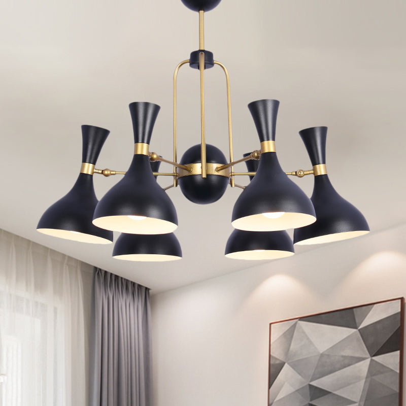 6 Lights Funnel Adjustable Chandelier Warehouse Black and Gold Metal Hanging Pendant Light Black Clearhalo 'Cast Iron' 'Ceiling Lights' 'Chandeliers' 'Industrial Chandeliers' 'Industrial' 'Metal' 'Middle Century Chandeliers' 'Rustic Chandeliers' 'Tiffany' Lighting' 791560