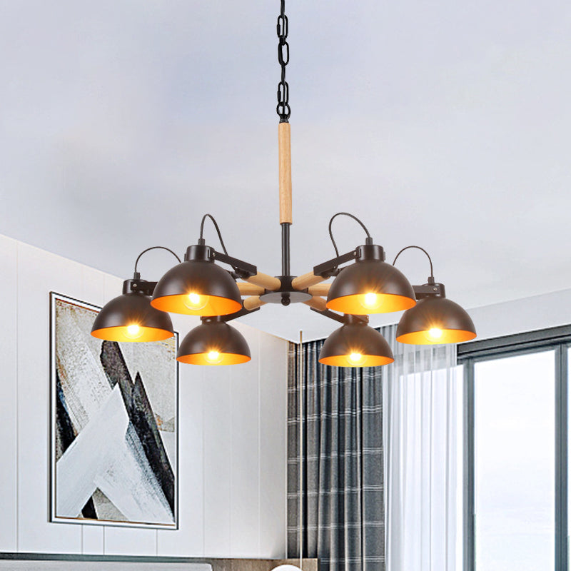 Iron Black and Gold Inner Chandelier Rotatable Bowl Shade 3/5/6 Heads Factory Ceiling Suspension Lamp with Wood Arm 6 Black Clearhalo 'Cast Iron' 'Ceiling Lights' 'Chandeliers' 'Industrial Chandeliers' 'Industrial' 'Metal' 'Middle Century Chandeliers' 'Rustic Chandeliers' 'Tiffany' Lighting' 791564