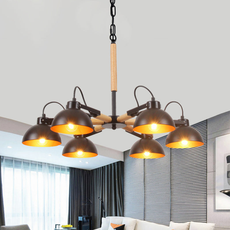 Iron Black and Gold Inner Chandelier Rotatable Bowl Shade 3/5/6 Heads Factory Ceiling Suspension Lamp with Wood Arm Clearhalo 'Cast Iron' 'Ceiling Lights' 'Chandeliers' 'Industrial Chandeliers' 'Industrial' 'Metal' 'Middle Century Chandeliers' 'Rustic Chandeliers' 'Tiffany' Lighting' 791565