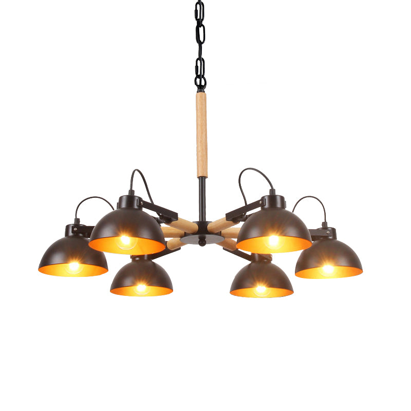 Iron Black and Gold Inner Chandelier Rotatable Bowl Shade 3/5/6 Heads Factory Ceiling Suspension Lamp with Wood Arm Clearhalo 'Cast Iron' 'Ceiling Lights' 'Chandeliers' 'Industrial Chandeliers' 'Industrial' 'Metal' 'Middle Century Chandeliers' 'Rustic Chandeliers' 'Tiffany' Lighting' 791566