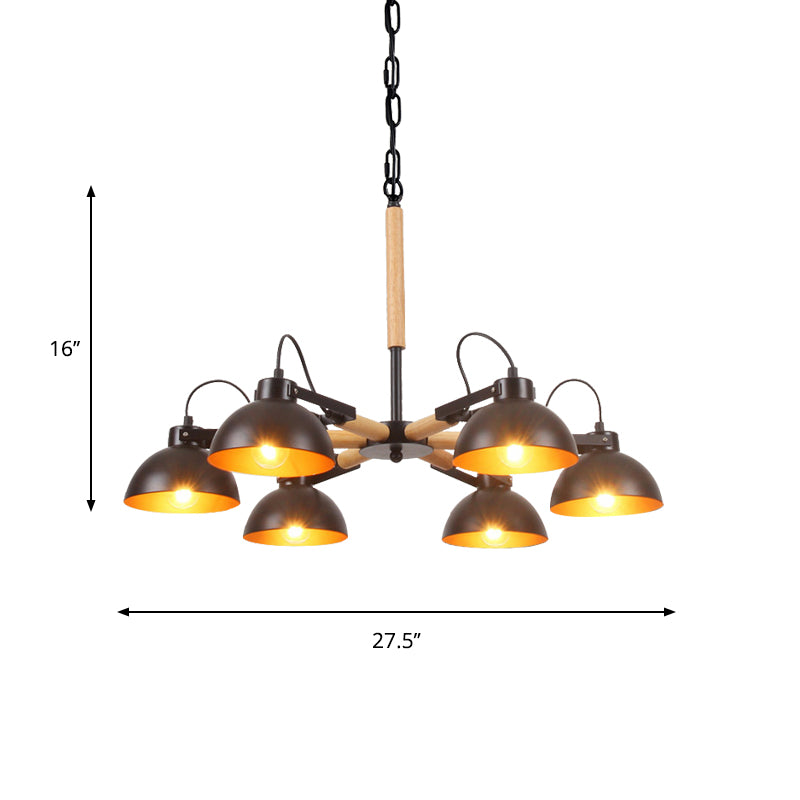 Iron Black and Gold Inner Chandelier Rotatable Bowl Shade 3/5/6 Heads Factory Ceiling Suspension Lamp with Wood Arm Clearhalo 'Cast Iron' 'Ceiling Lights' 'Chandeliers' 'Industrial Chandeliers' 'Industrial' 'Metal' 'Middle Century Chandeliers' 'Rustic Chandeliers' 'Tiffany' Lighting' 791567